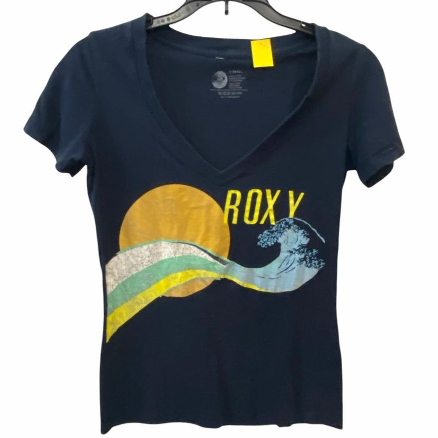 Roxy XS Blue Tshirt Sun Wave Beach Surf Graphic Print Short Sleeve Vneck Casual