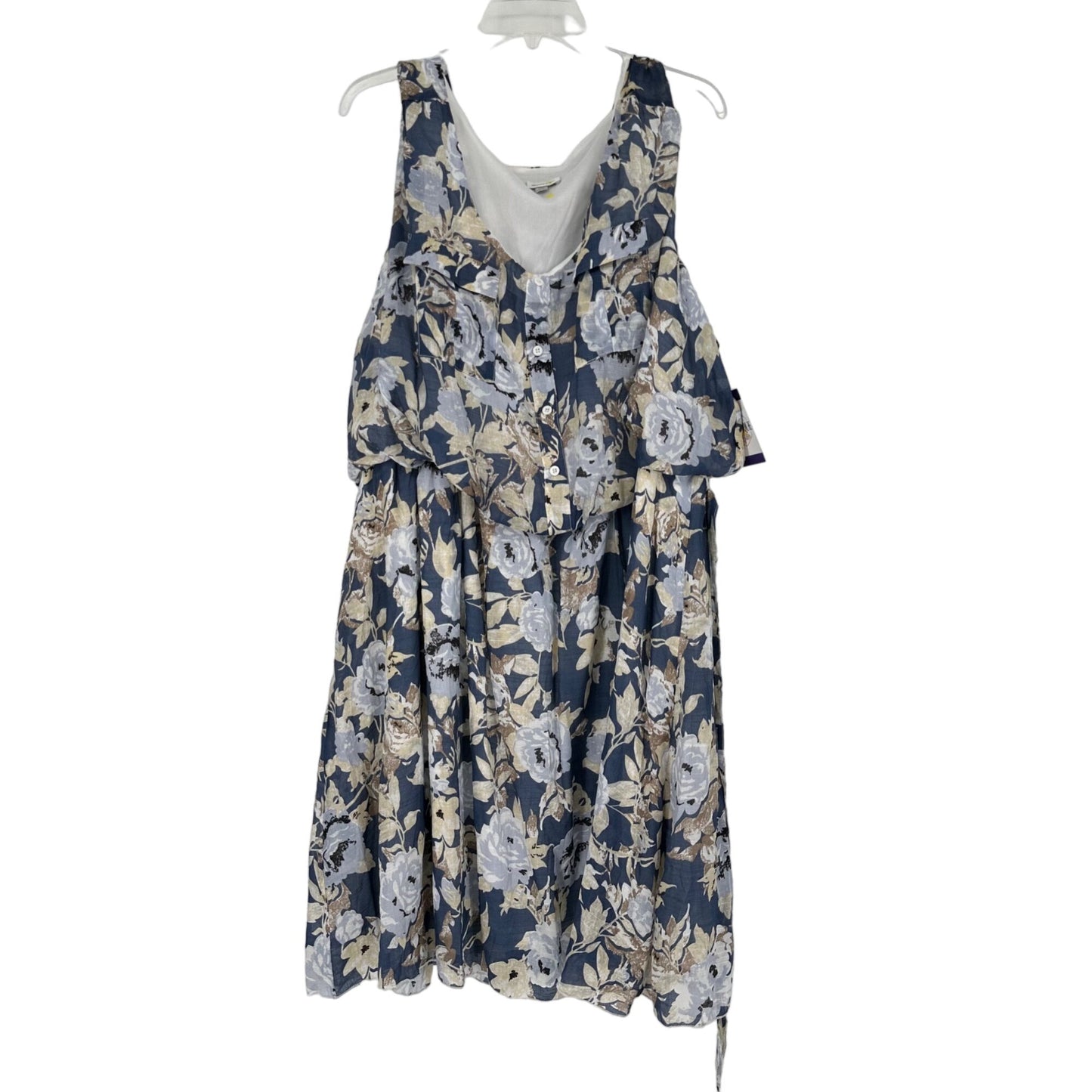 Avenue 30/32 Blue Floral Sleeveless Dress Button Front Flowy Belted Pockets