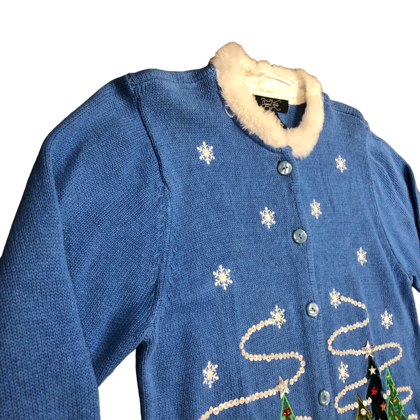 Vintage Crystal Kobe M Blue Front Button Sweater Christmas Tree Faux Fur Trim