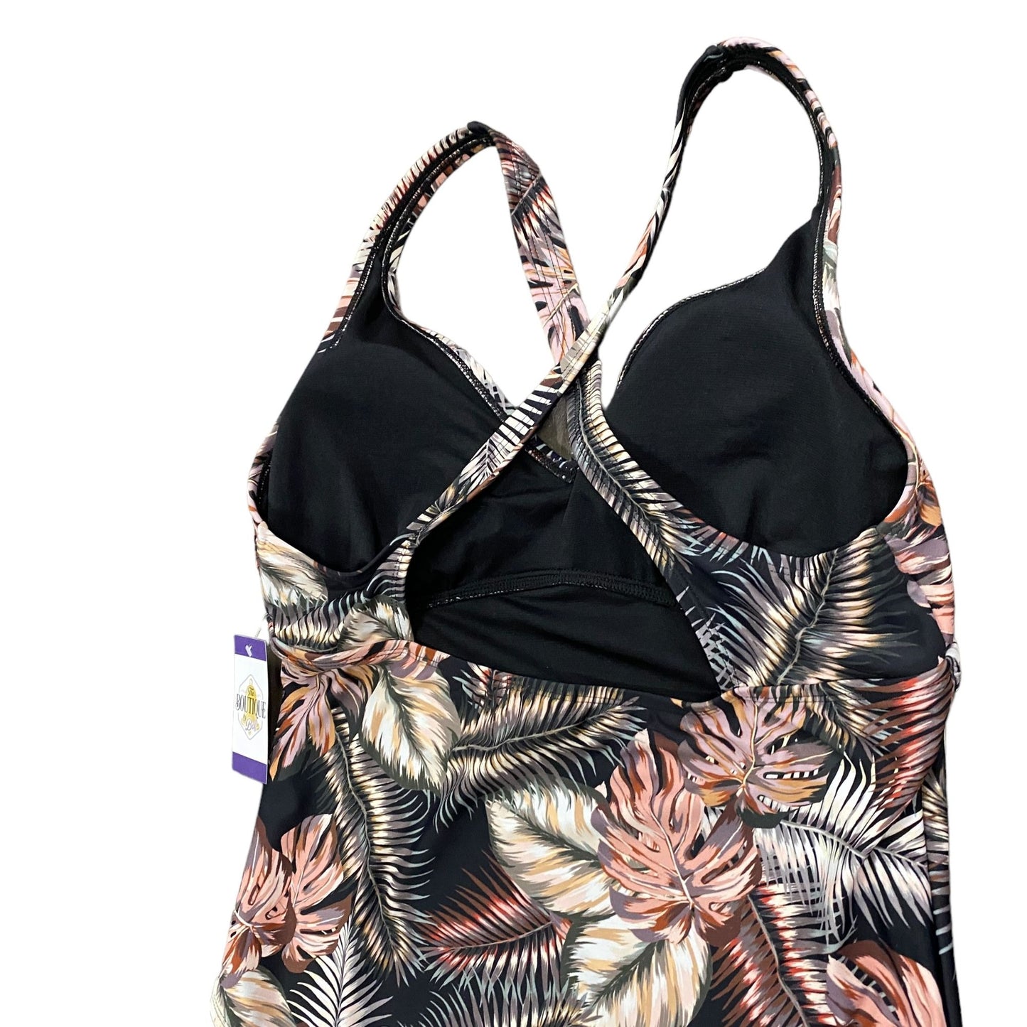 Hurley Womens XXL Tropical Print One Piece Swimsuit Leaf CrissCross Back Black