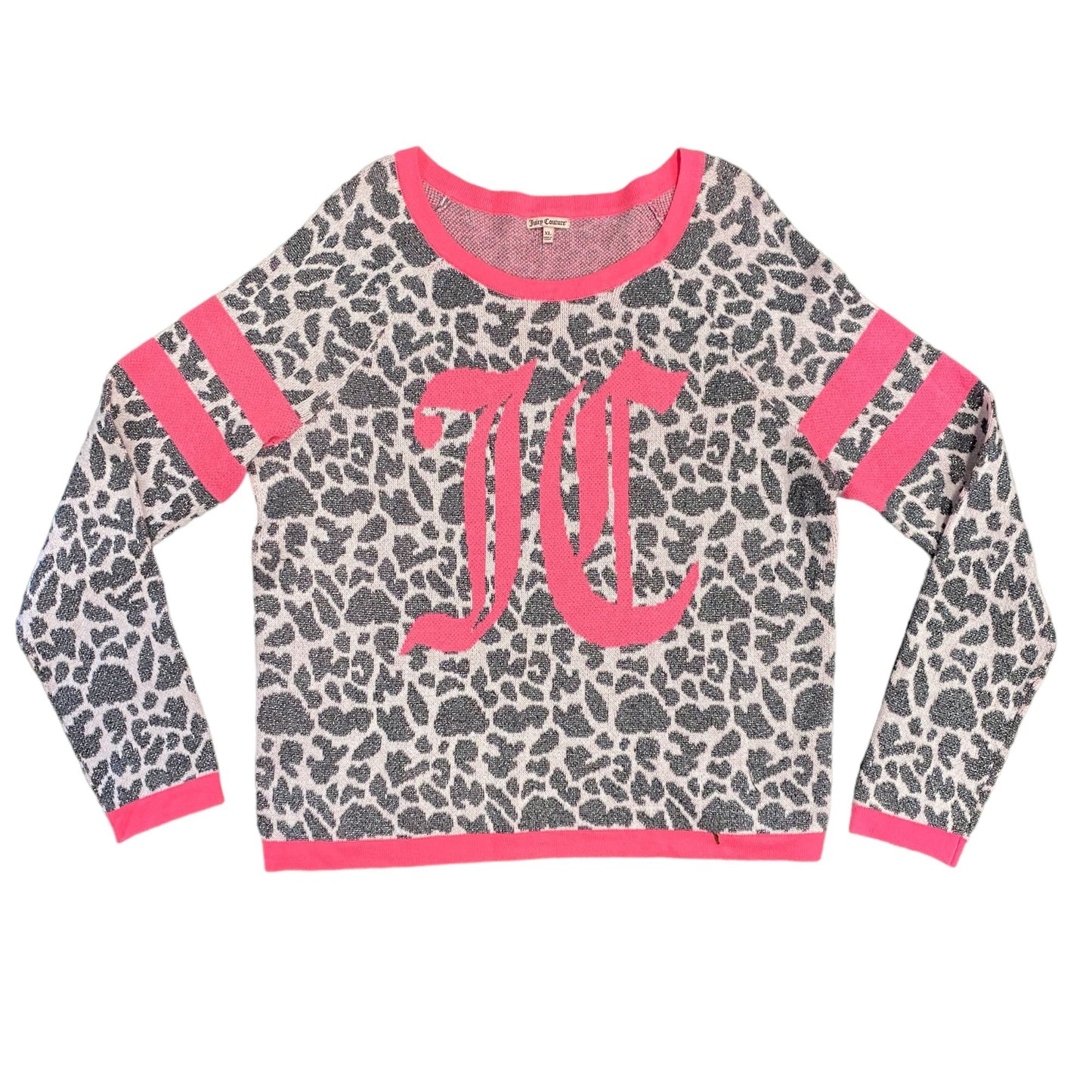 Juicy Couture Womens XL Metallic Leopard Print Pullover Sweater Pink Logo Gray