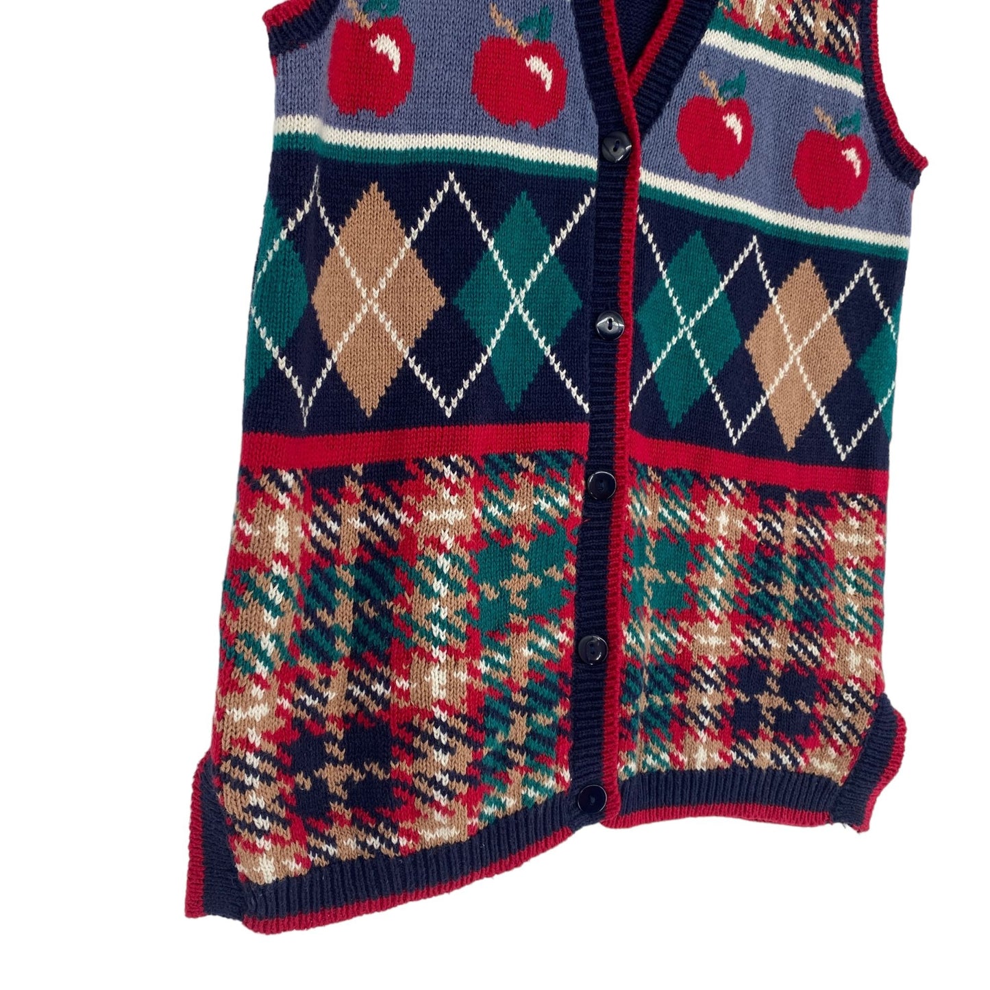 Vintage Ashley Womens S Front Button Sweater Vest Hand Embroidered Argyle Apples