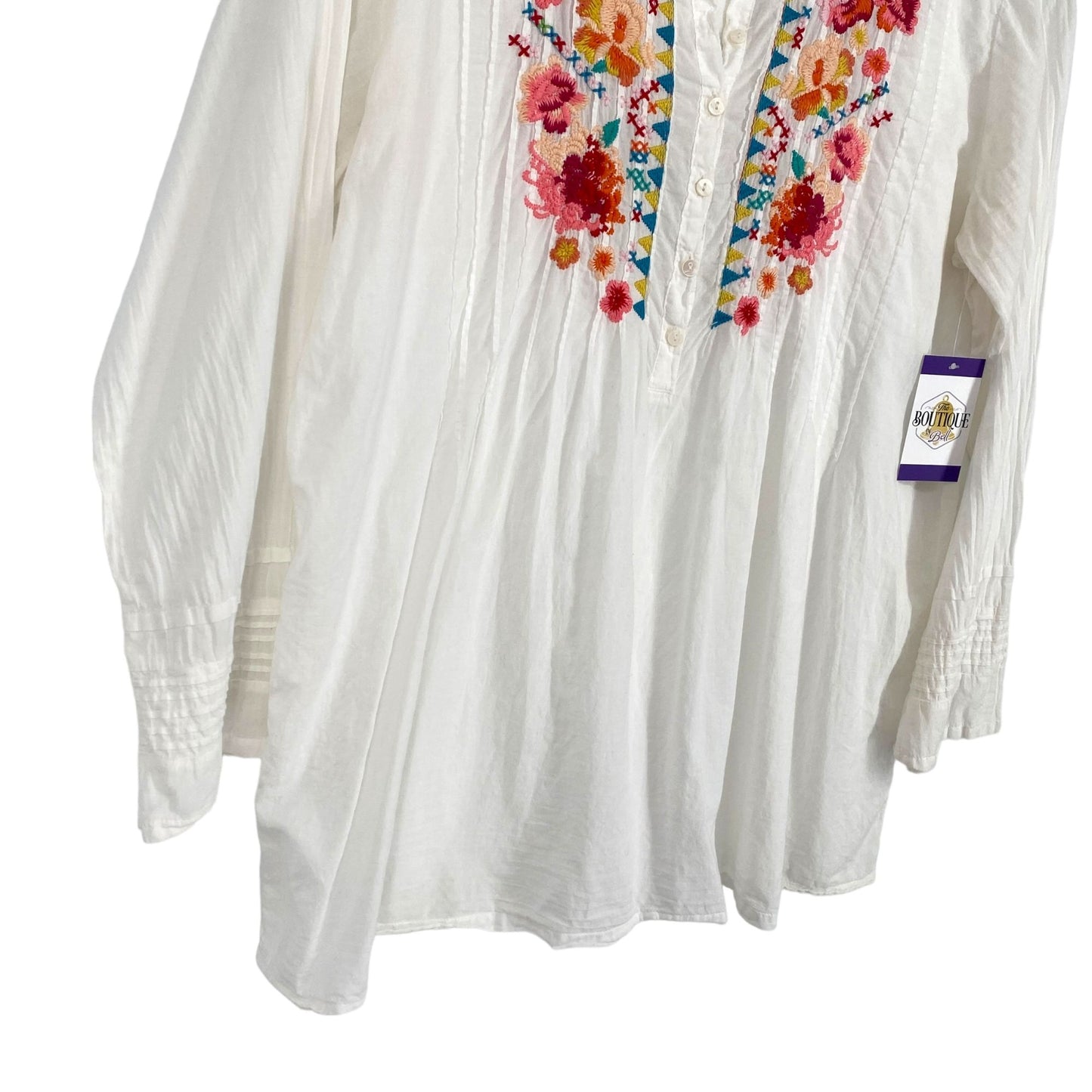 Johnny Was Womens L Boho Tunic Blouse White Floral Embroidery White Long Sleeve