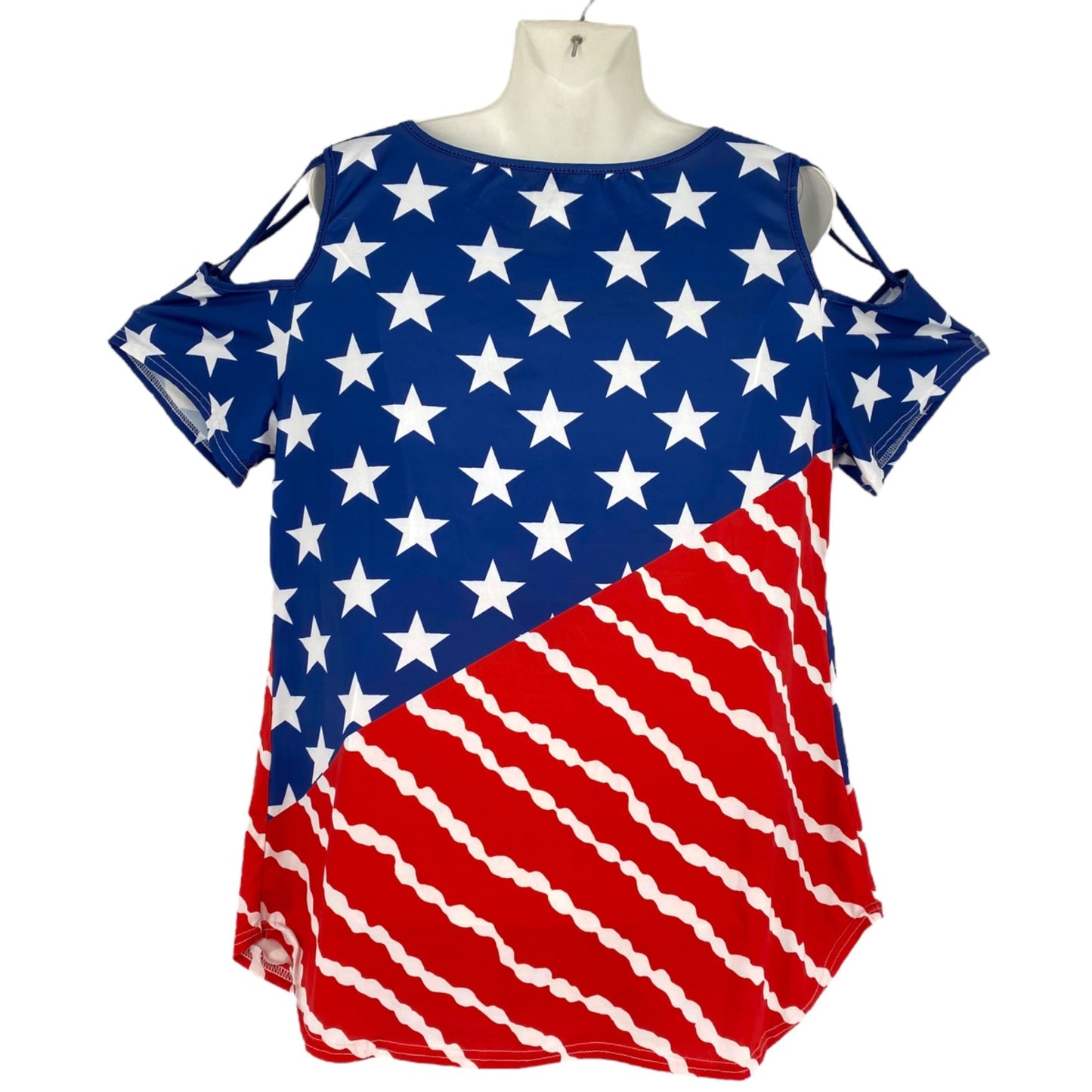 Patriotic Womens 2XL American Flag Cold Shoulder Top Red White Blue Quick Dry