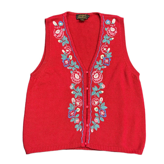 Vintage Eddie Bauer Womens M Red Sweater Button Vest Embroidered Cottagecore y2k