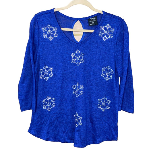 Knapp Studio Womens XL Blue Rhinestone Snowflake Blouse Long Sleeve Back Keyhole