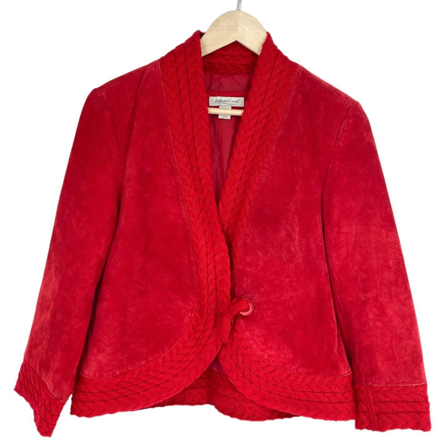 Coldwater Creek Womens PM Red Suede Jacket Button Loop Closure Crotchet Accent