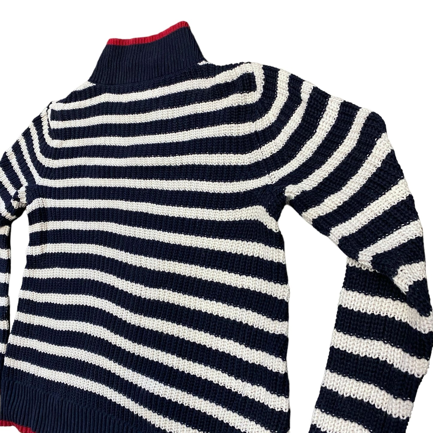 LOFT S Striped Sweater Blue Red White Mock Neck Boyfriend Cable Knit Ribbed