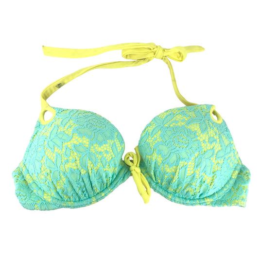 Victoria Secret 34B Teal Yellow Lace Bikini Swim Top Push Up Halter Neck Tie