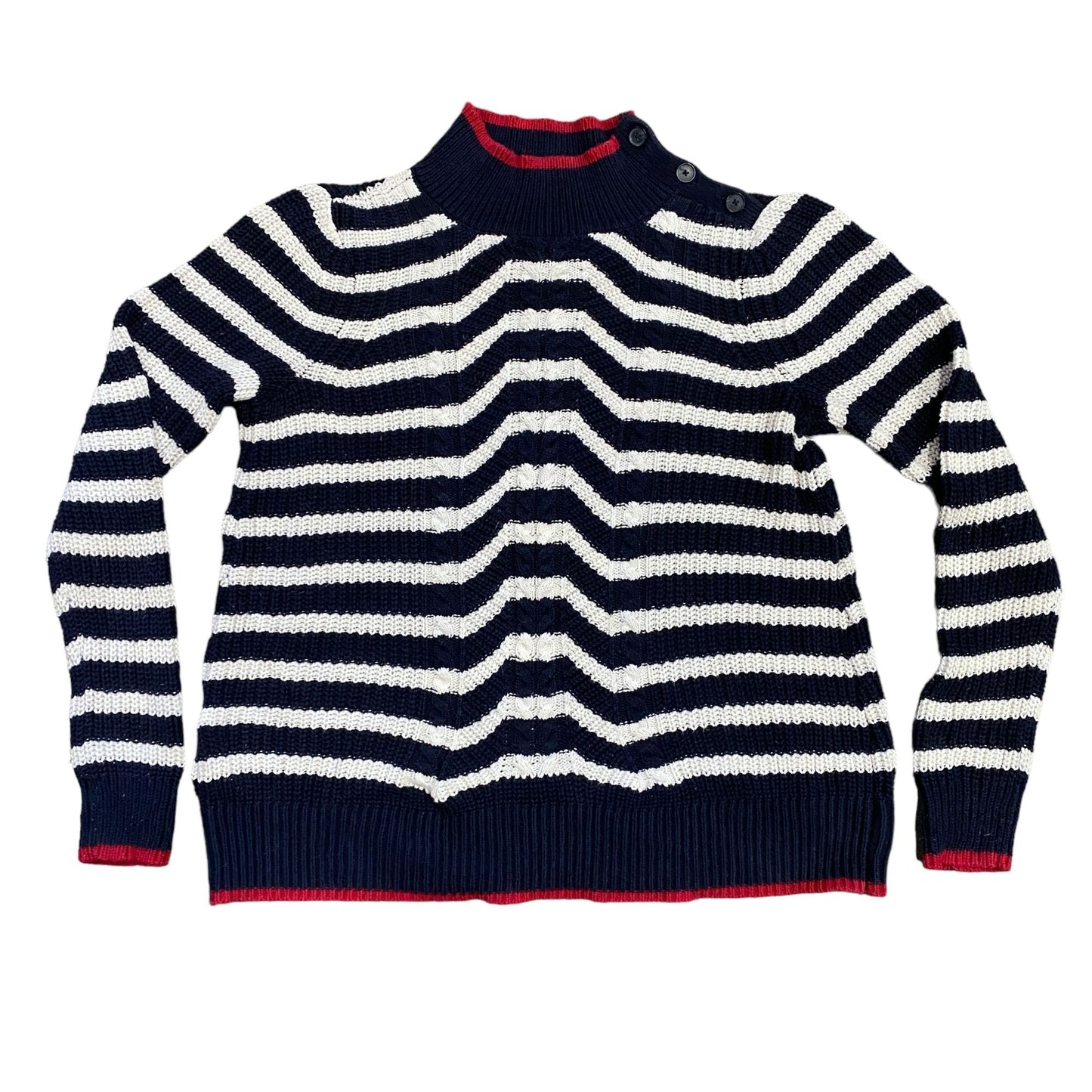 LOFT S Striped Sweater Blue Red White Mock Neck Boyfriend Cable Knit Ribbed