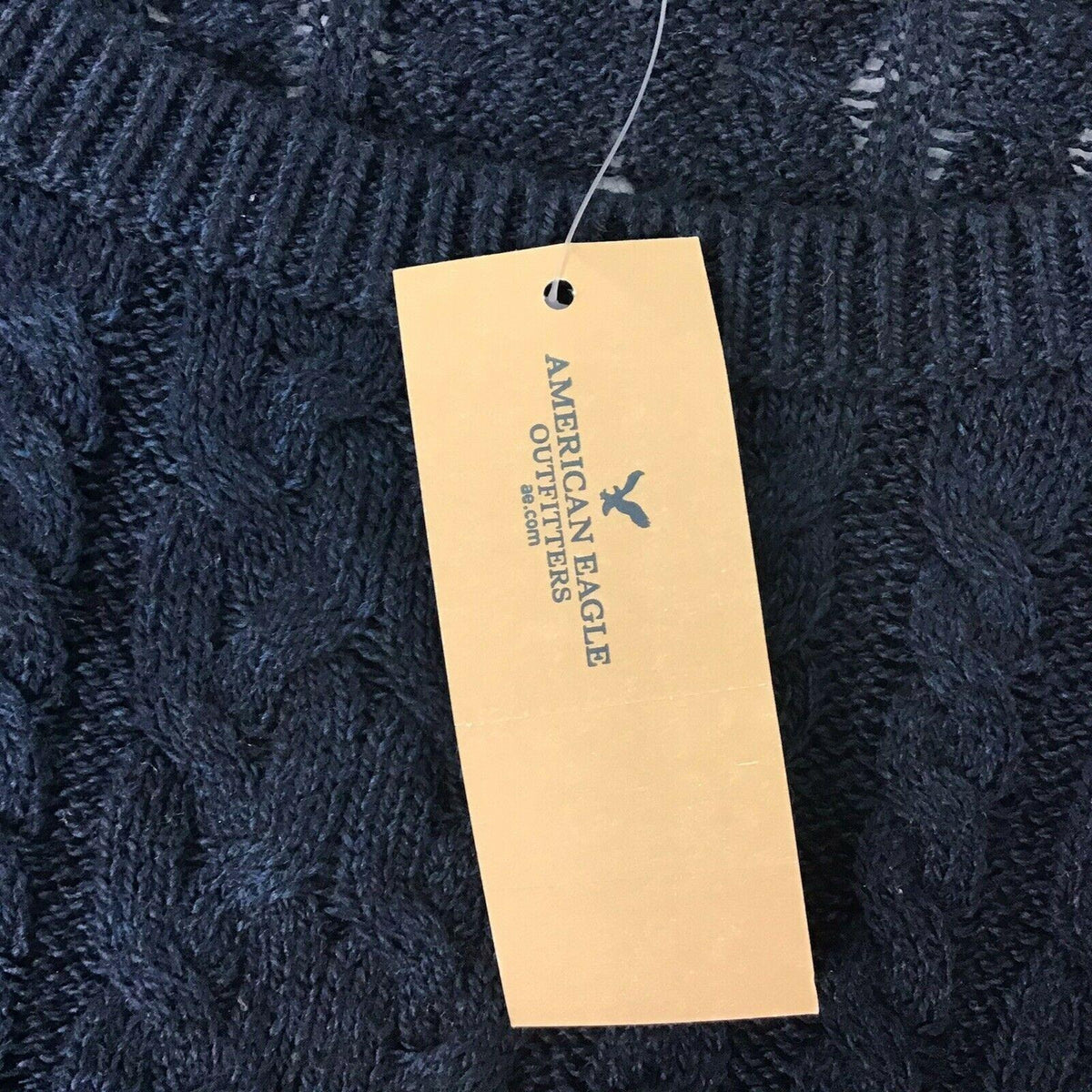 NWT AEO S Navy Blue Cable Knit Sweater Long Sleeve Pullover Round Neck Side Zip