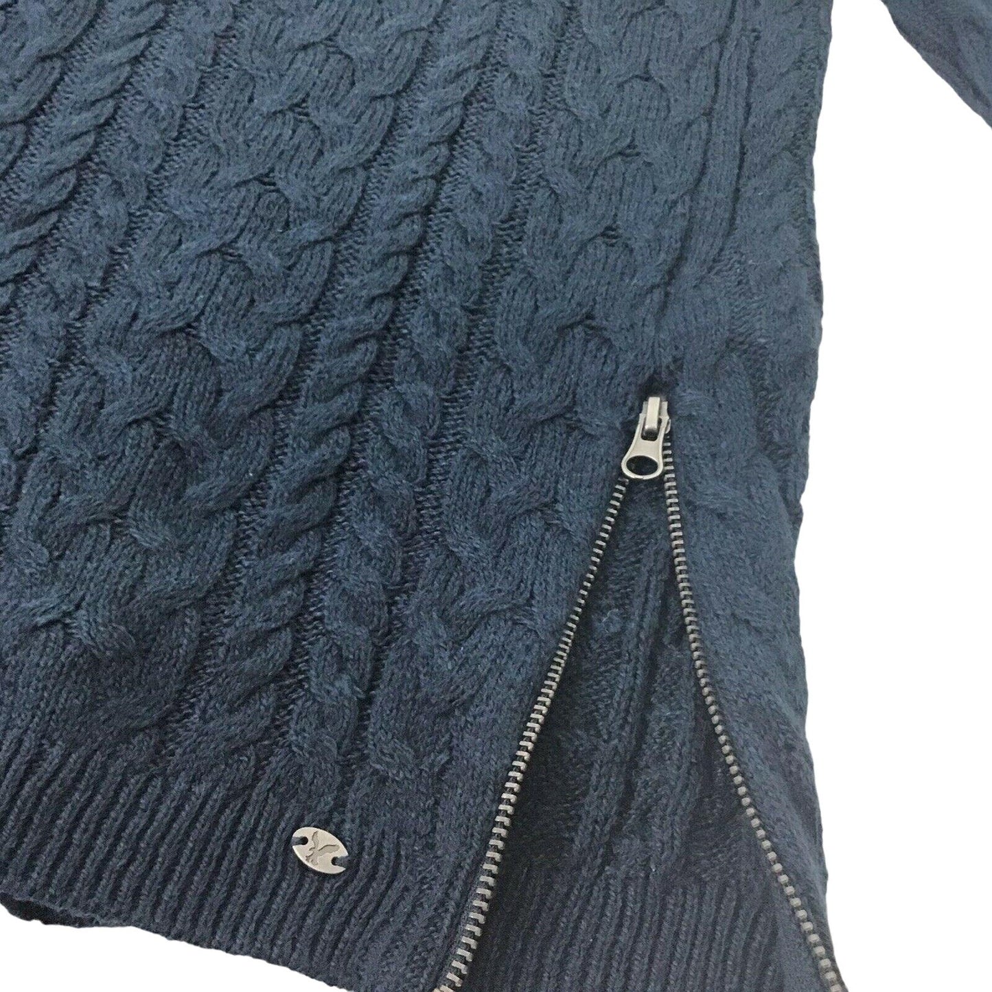 NWT AEO S Navy Blue Cable Knit Sweater Long Sleeve Pullover Round Neck Side Zip
