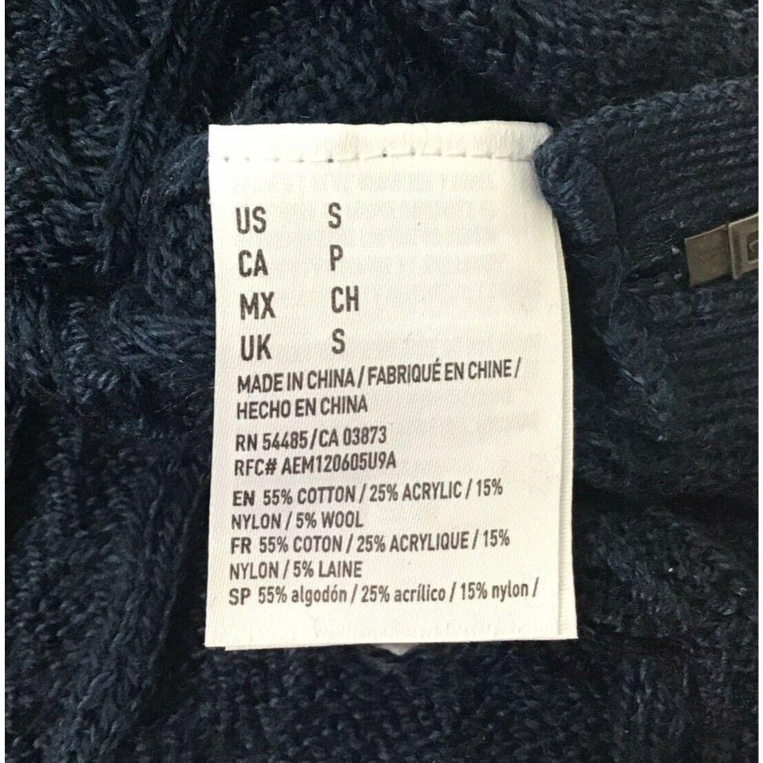NWT AEO S Navy Blue Cable Knit Sweater Long Sleeve Pullover Round Neck Side Zip