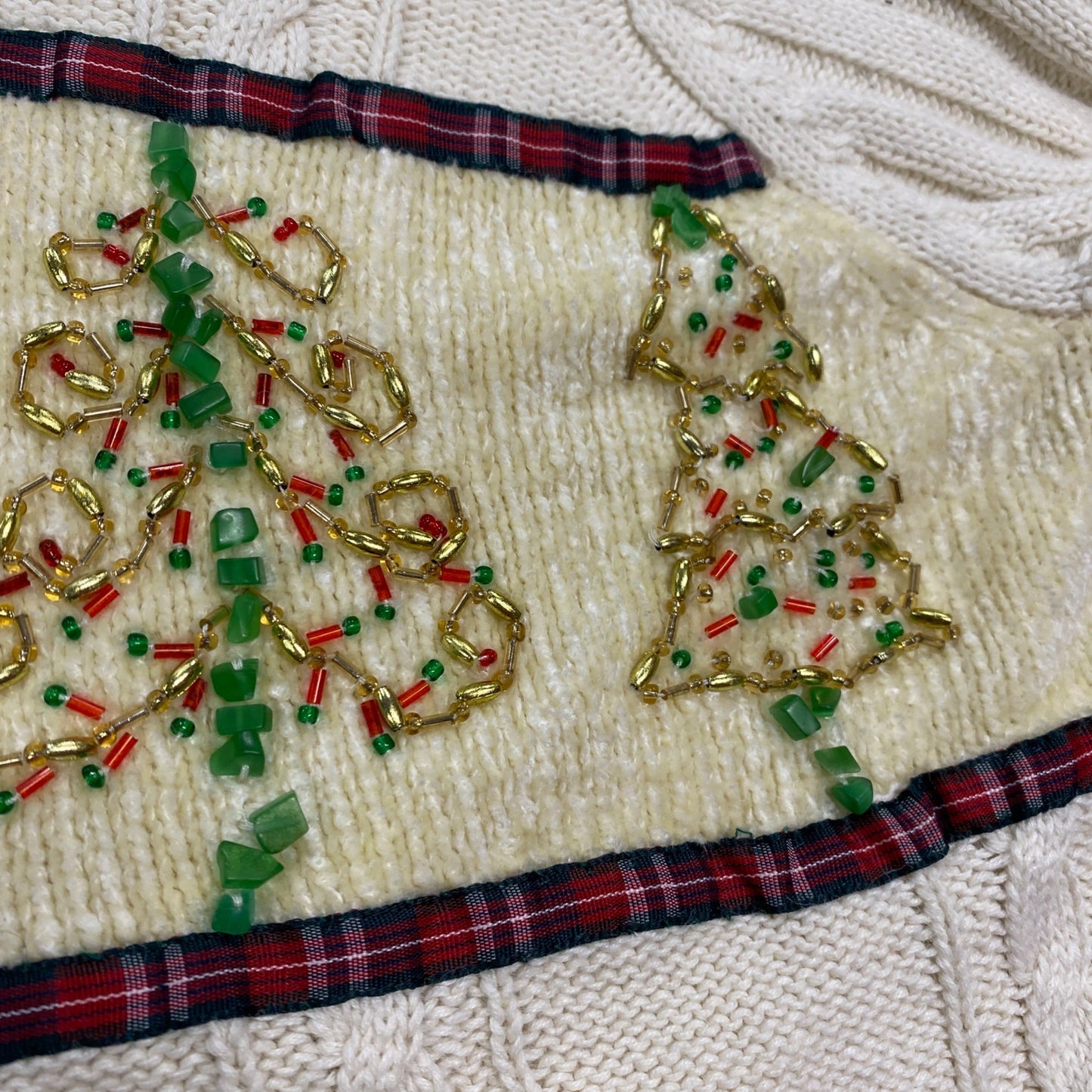 Storybook Knits XL Ivory Christmas Sweater Full Zip Cable Collar Beaded Trees