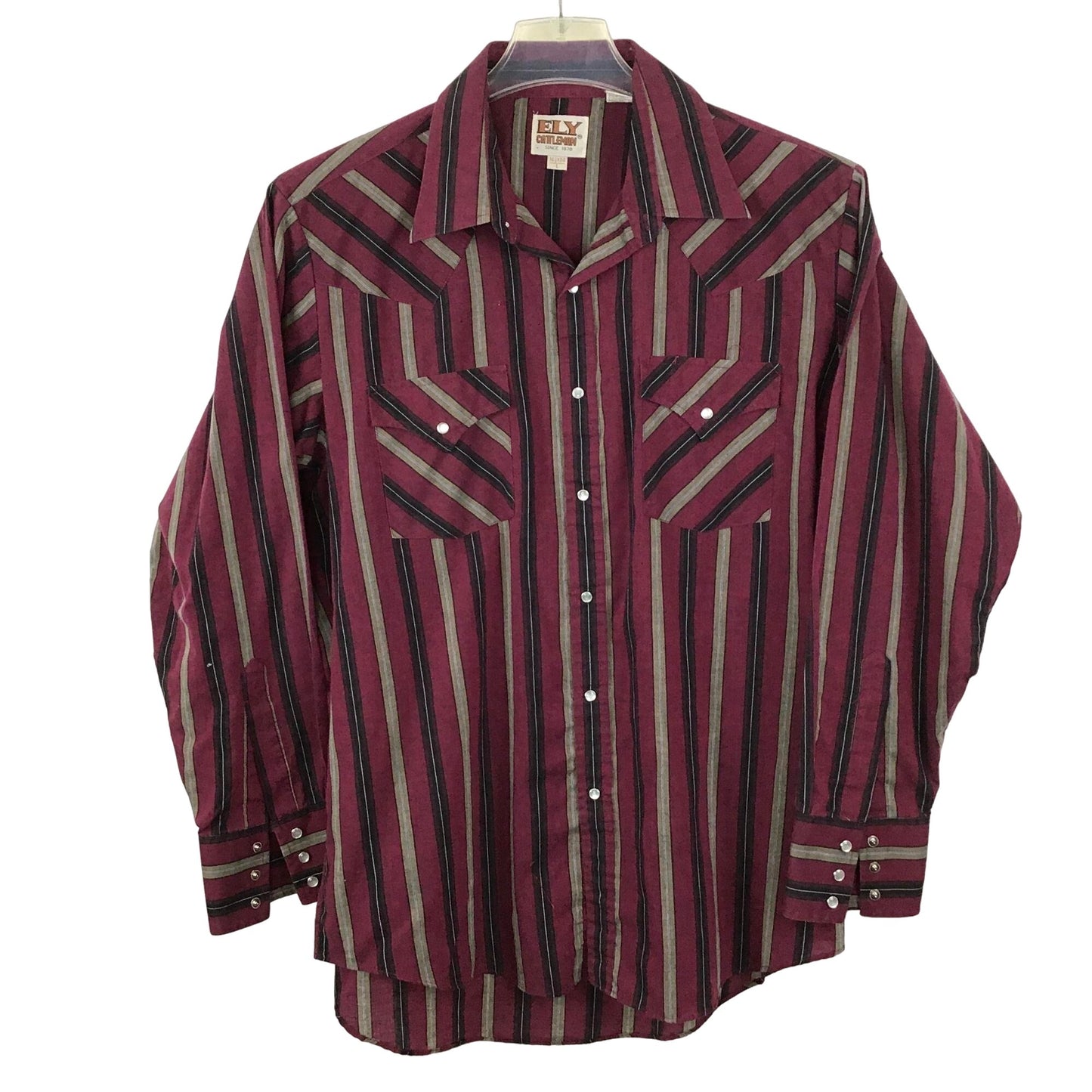 Ely Cattleman Pearl Snap Western Shirt Mens L 16.5-34 Long Sleeve Maroon Stripe