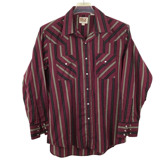 Ely Cattleman Pearl Snap Western Shirt Mens L 16.5-34 Long Sleeve Maroon Stripe