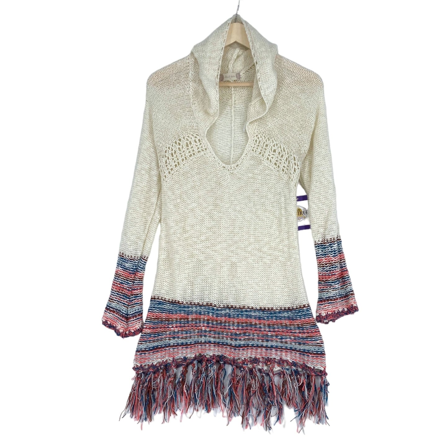 Altar'd State Womens S Boho Fringe Knit Sweater Tunic Dress Hoodie Multicolor