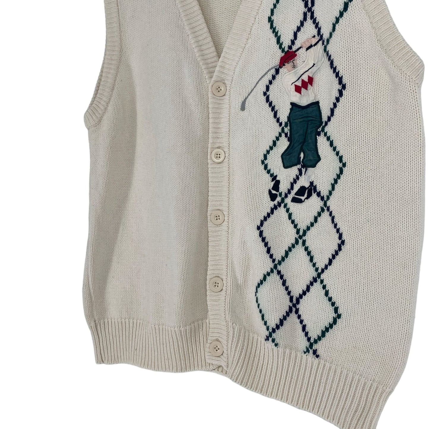 Vintage Izod Mens M Golf Sweater Vest Beige Applique Argyle Knit Retro Preppy