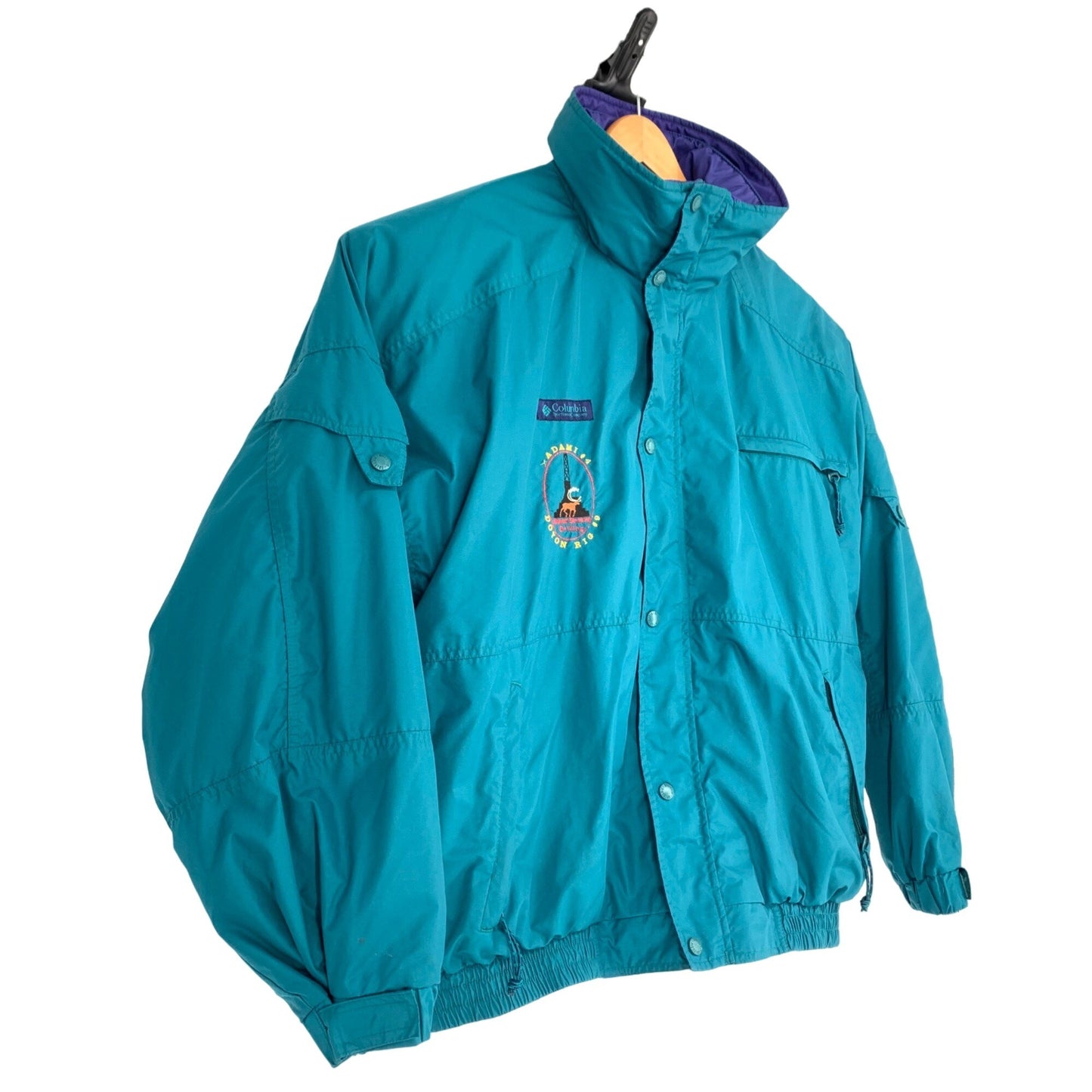 Vintage Columbia XL 2 In 1 Jacket Teal Purple Fleece Lined Zipper Pockets Full Zip