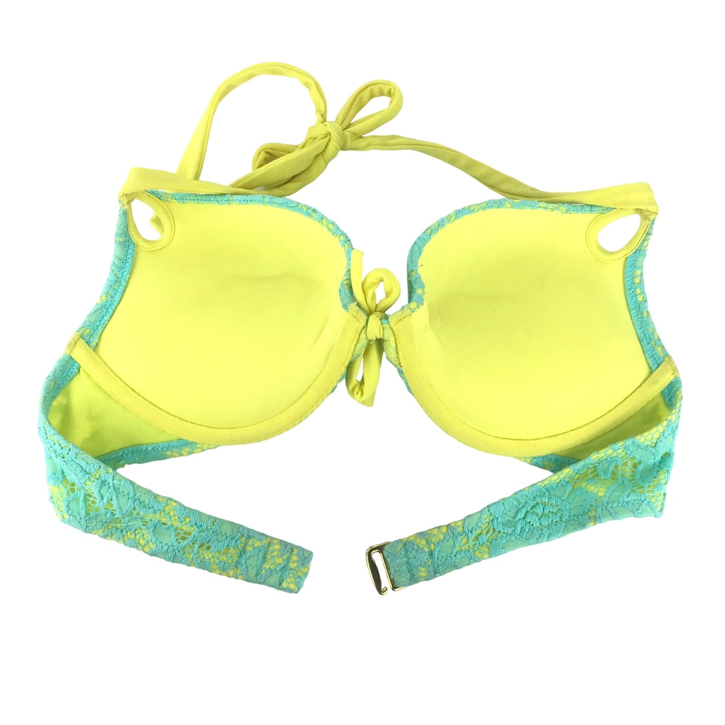 Victoria Secret 34B Teal Yellow Lace Bikini Swim Top Push Up Halter Neck Tie