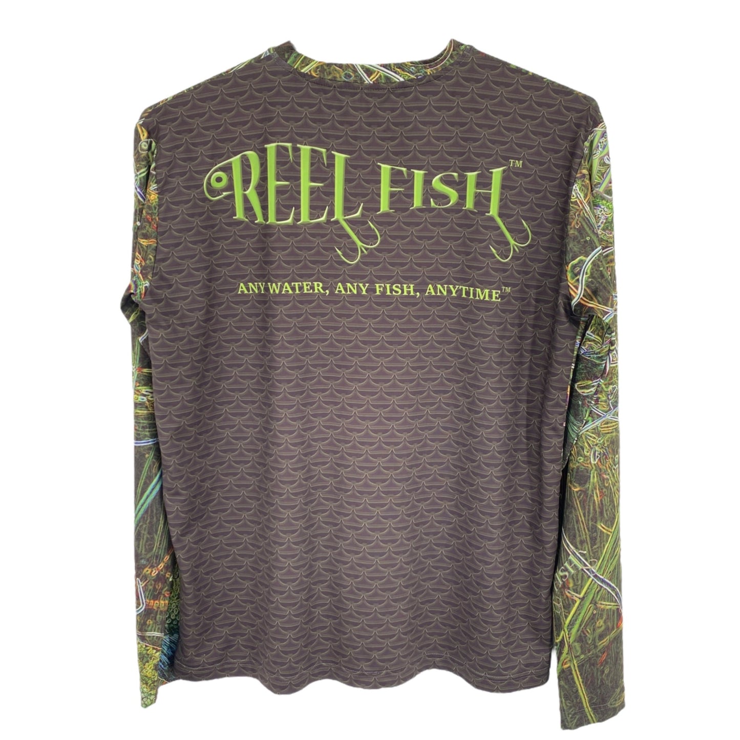 Reel Fish Mens M Long Sleeve Fishing T Shirt Green Brown Crew Neck Outdoors