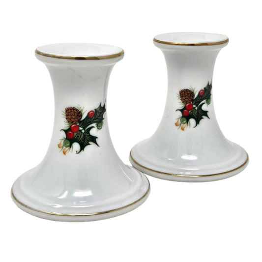 Vintage Porcelain Candlestick Set Holly Berries Pine Cones Christmas Japan