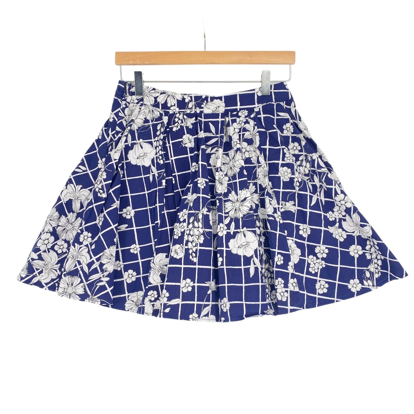 Express 6 Windowpane Floral Skirt Blue White Pleated Pockets Stretch Side Zip