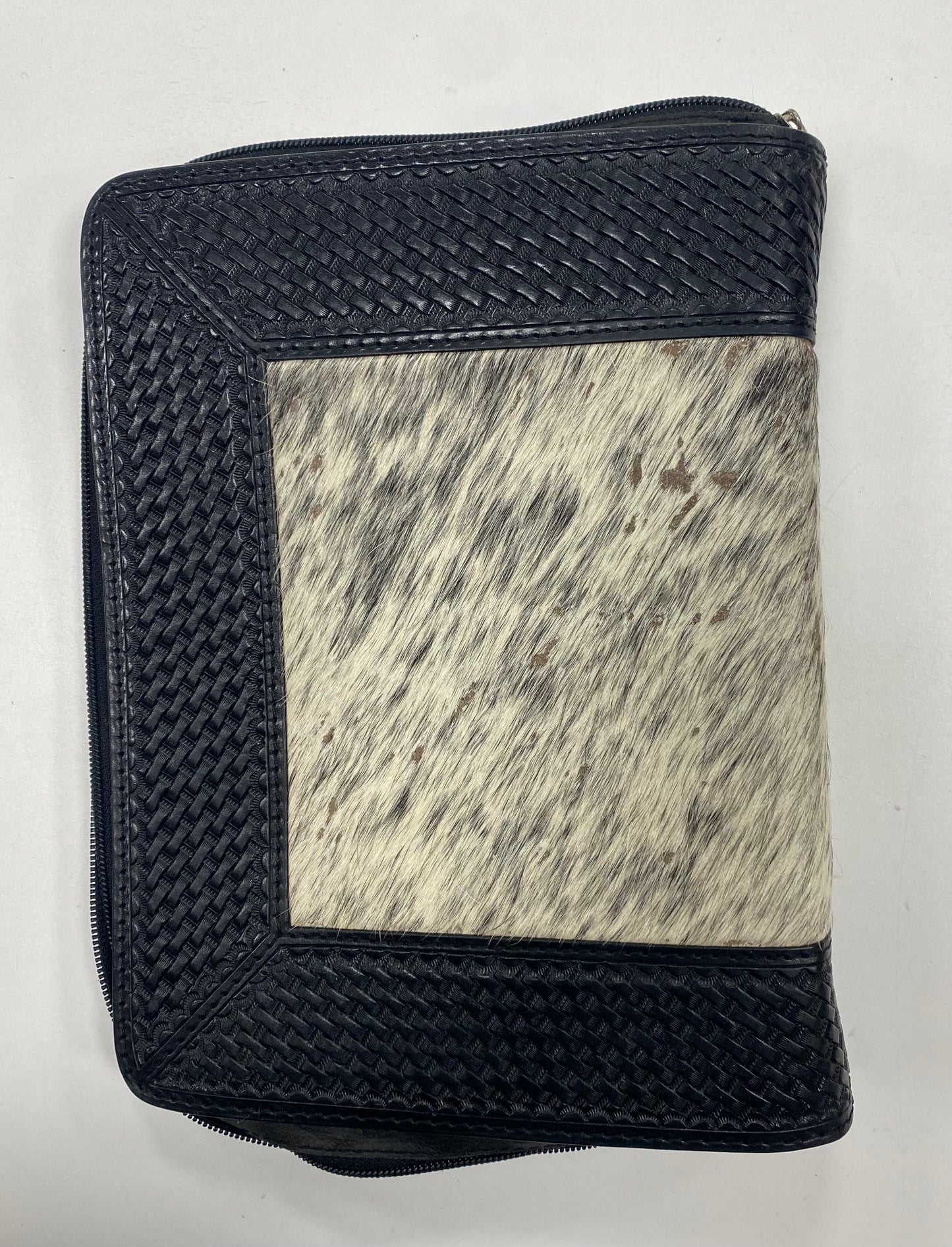 Western Style Tooled Leather Bible Cover Calf Hair Inlay