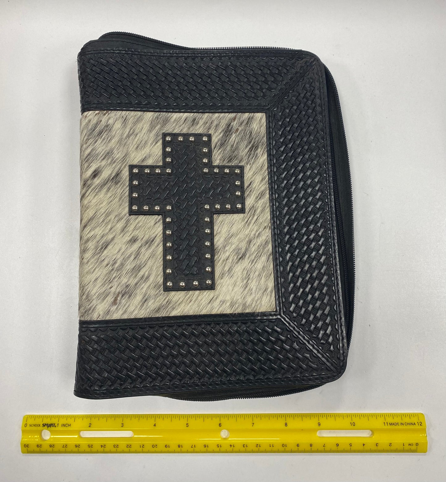 Western Style Tooled Leather Bible Cover Calf Hair Inlay