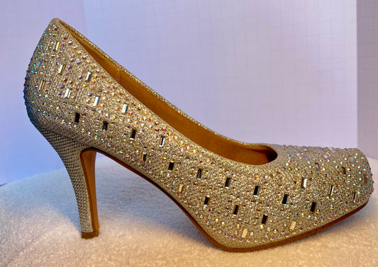 Delicacy Silver Glitter and Rhinestone Embellished High Heel Pumps Size 7