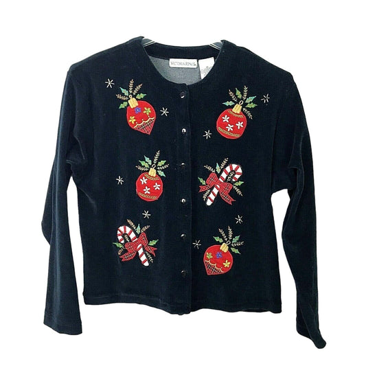 Victoria Jones Christmas Cardigan Sweater Black Velour Applique Holiday Medium