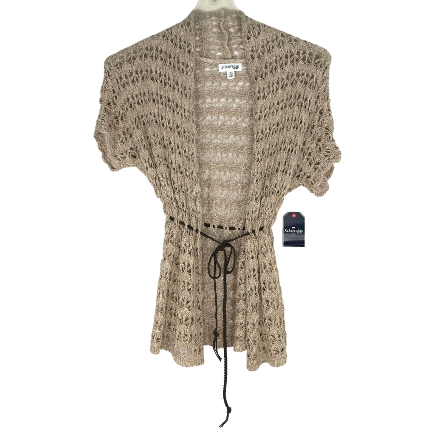 NWT St Johns Bay PS Cardigan Sweater Crocheted Taupe Tan Short Sleeve Open Knit