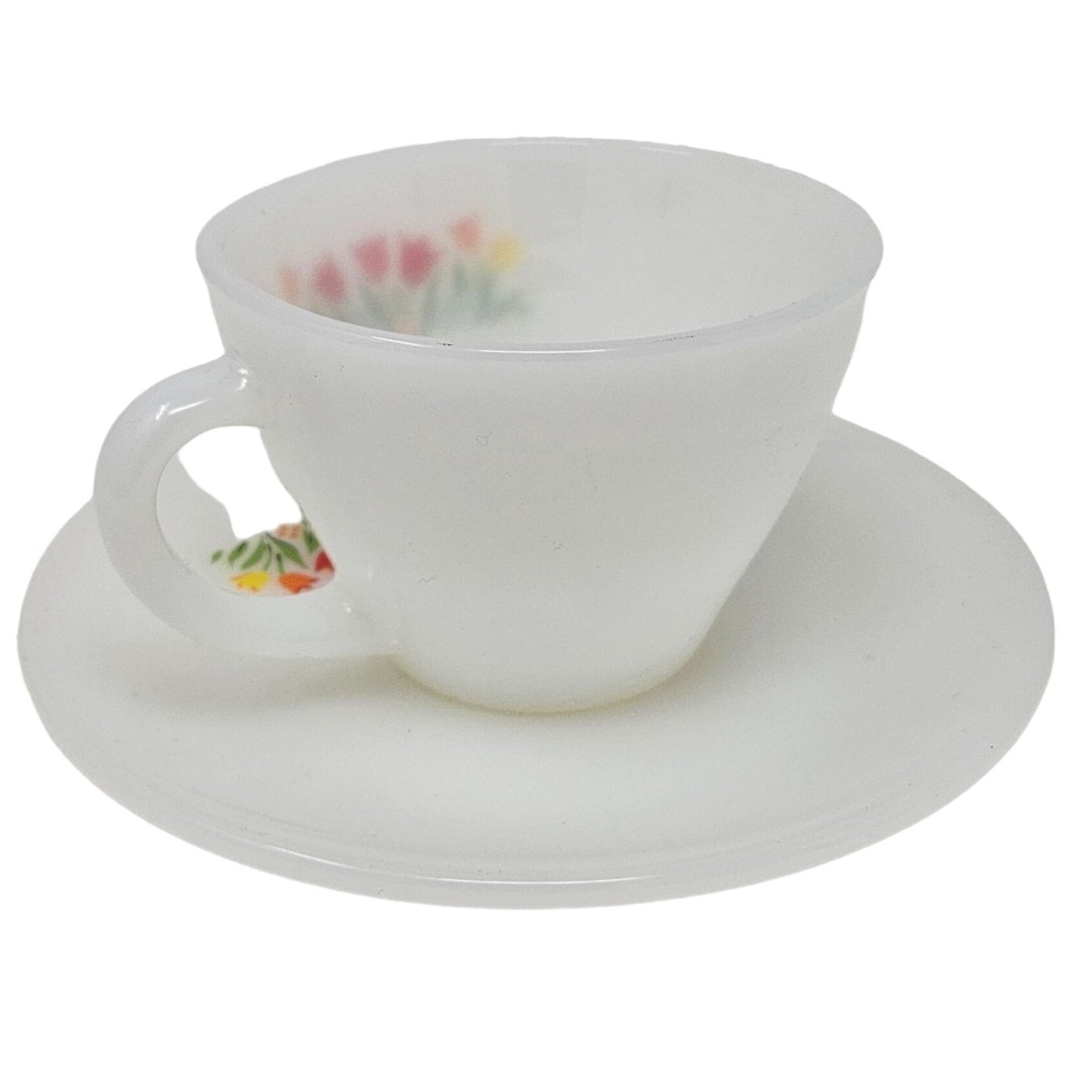 Vintage 1950s Anchor Hocking Fire King Milk Glass Tulip Tea Cup and Saucer Set