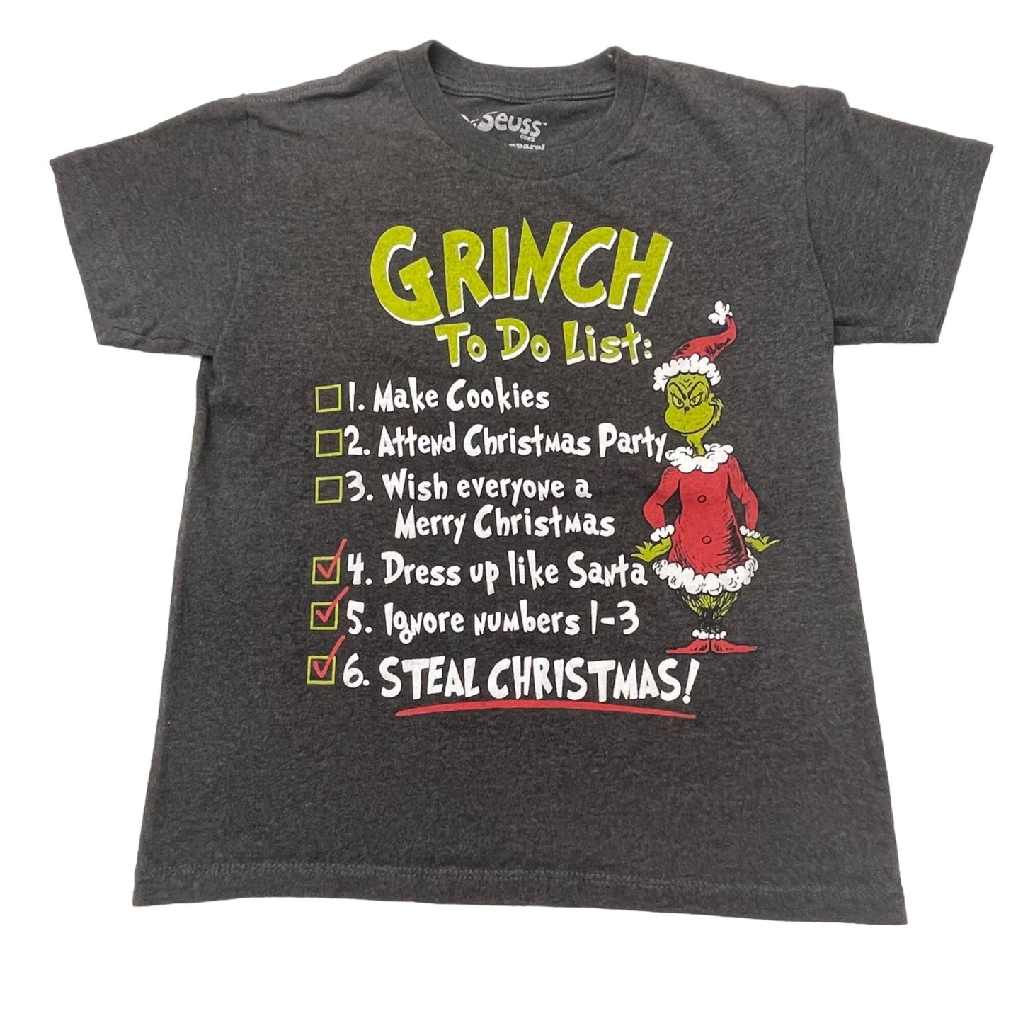 Dr. Suess, Youth XL Gray Grinch To Do List TShirt Graphic Print Short Sleeve