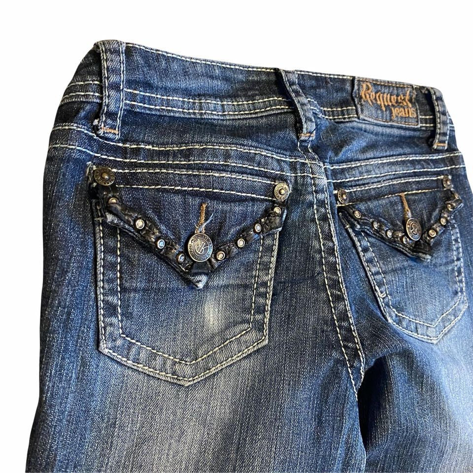 Request girls 10 Blue Jeans Bootcut Distressed Thick Stitch Flap Pockets Studded