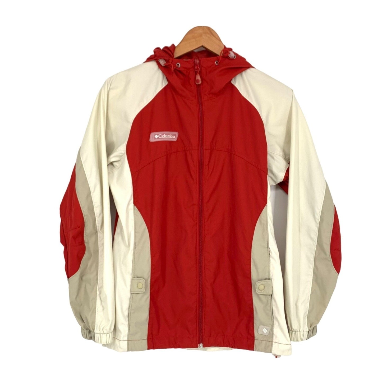 Columbia Packable Rain Jacket Windbreaker Hooded Full Zip Womans S Red Tan