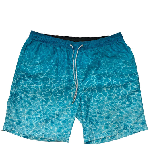 Kirkland Signature XL Mens Blue Aqua Print Swim Trunks Drawstring Pockets