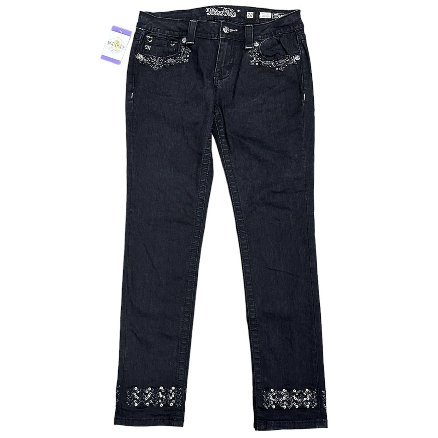 Miss Me 28 Black Signature Cuffed Skinny Jeans Embroidered Beaded Studs Bling