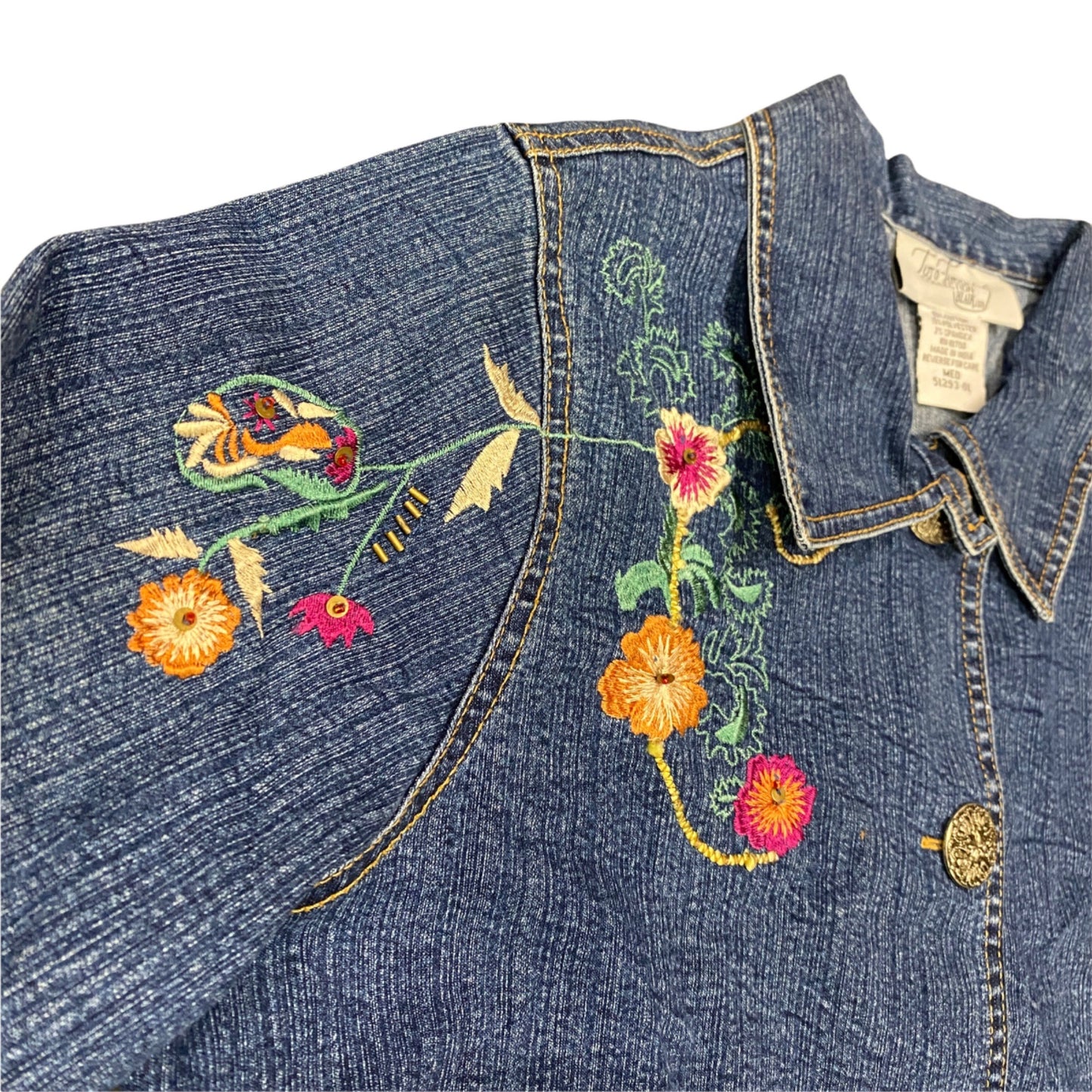 Vintage Two Twenty Collection Womens M Blue Jean Jacket Floral Embroidered Denim