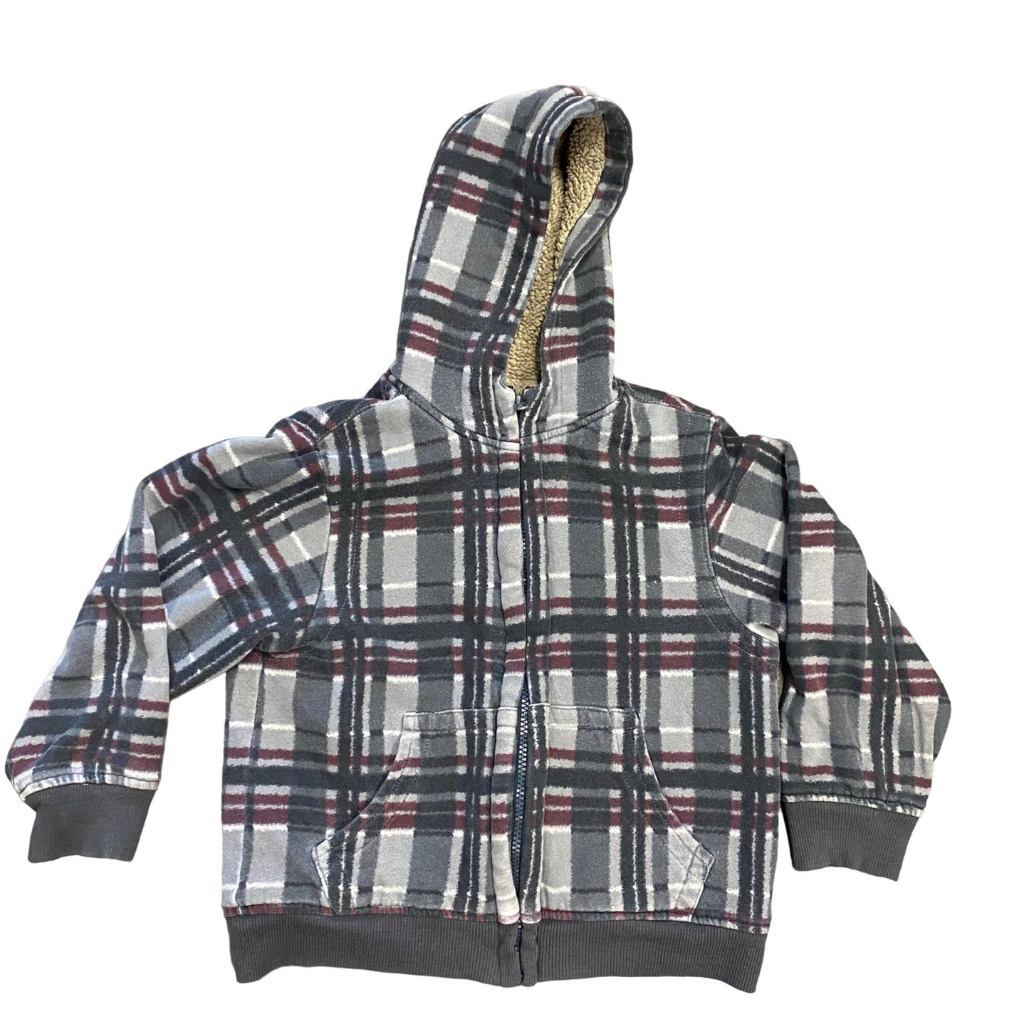 Boys S 6/7 Hoodie Jacket Lot of 2 Gray Plaid Fleece Lined Kangaroo Pockets Zip