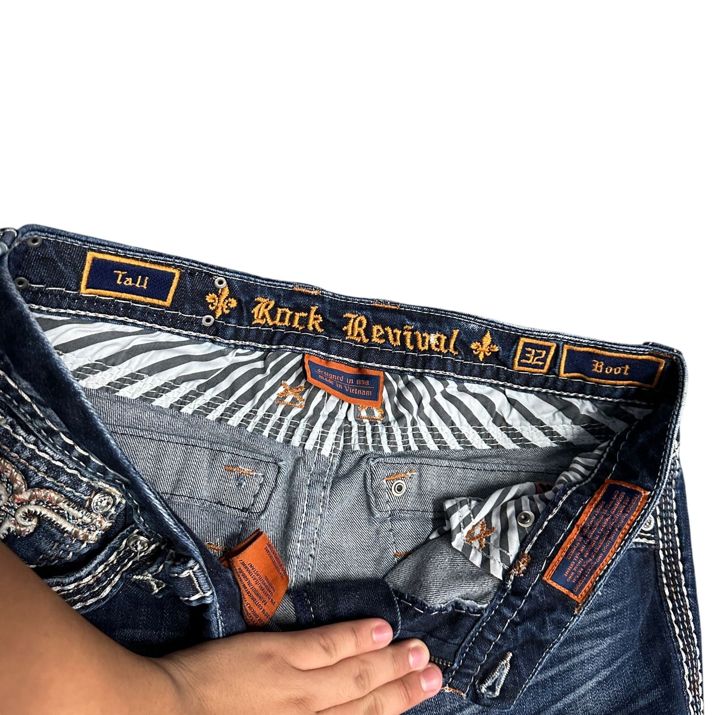 Rock Revival Tali Bootcut 32 Jeans Embroidered Faux Flap Pocket Dark Wash