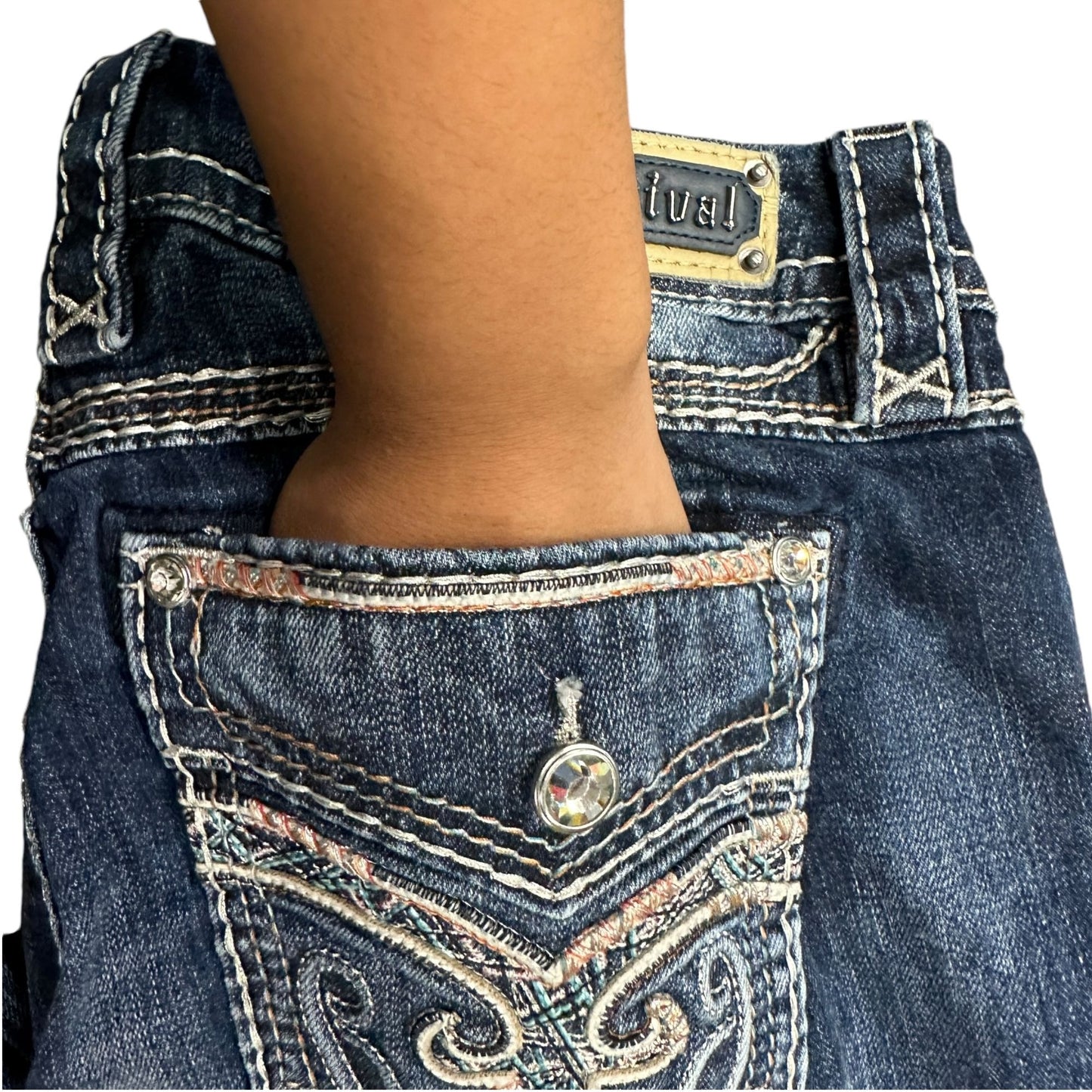 Rock Revival Tali Bootcut 32 Jeans Embroidered Faux Flap Pocket Dark Wash