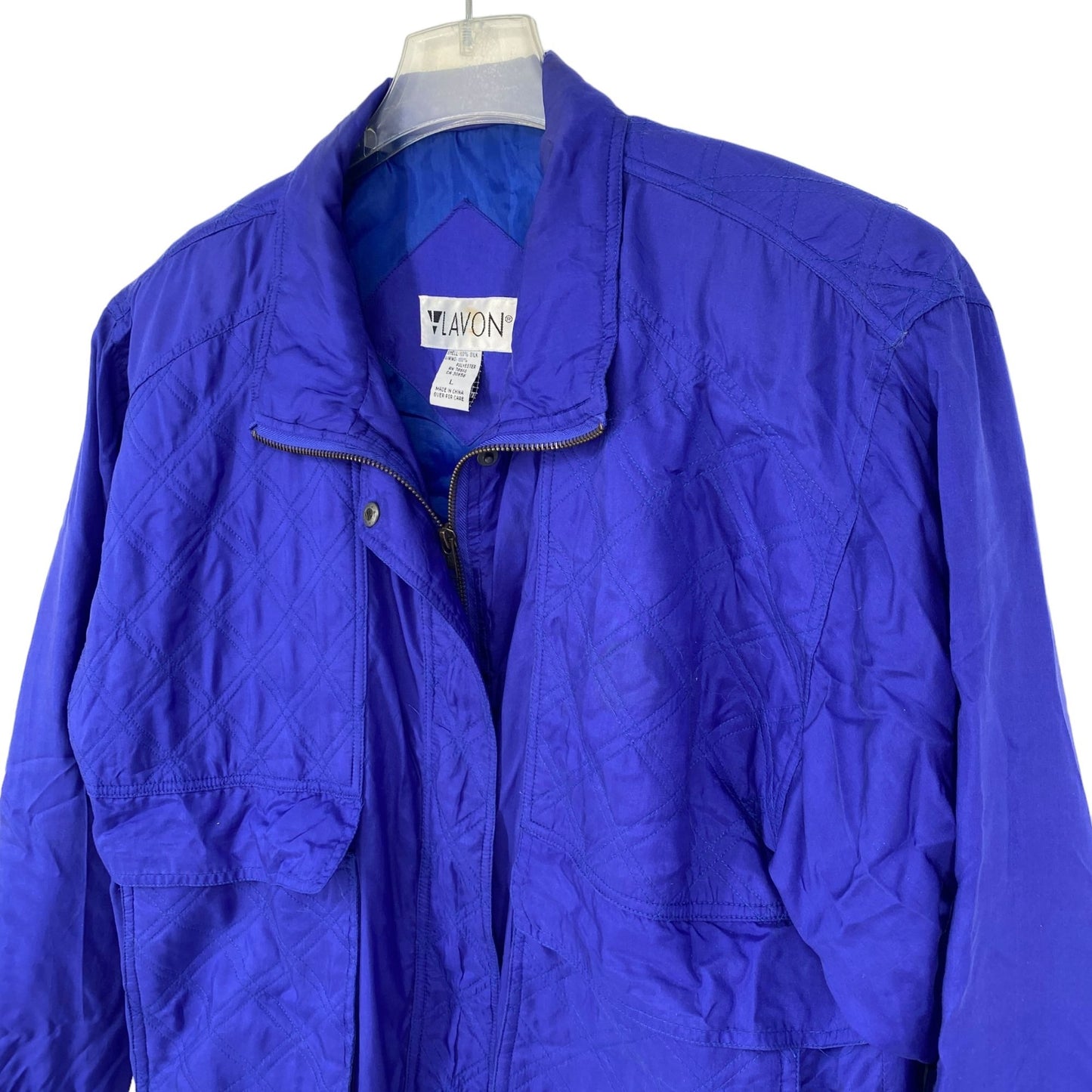 Vintage Lavon Womens L Royal Blue Silk Full Zip Jacket Front Pockets Collar 90s