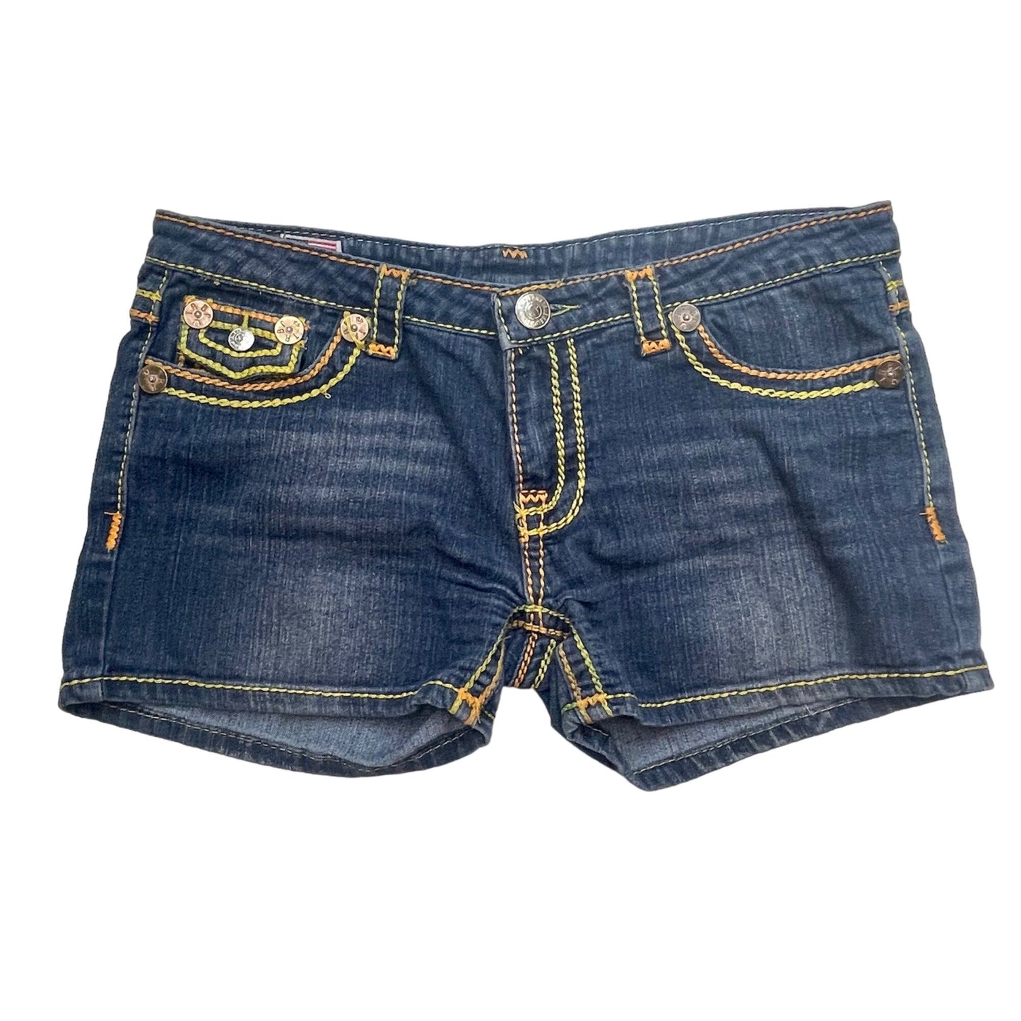 True Religion Womens 32 Joey Super T Shorts Blue Denim Thick Yellow Stitching