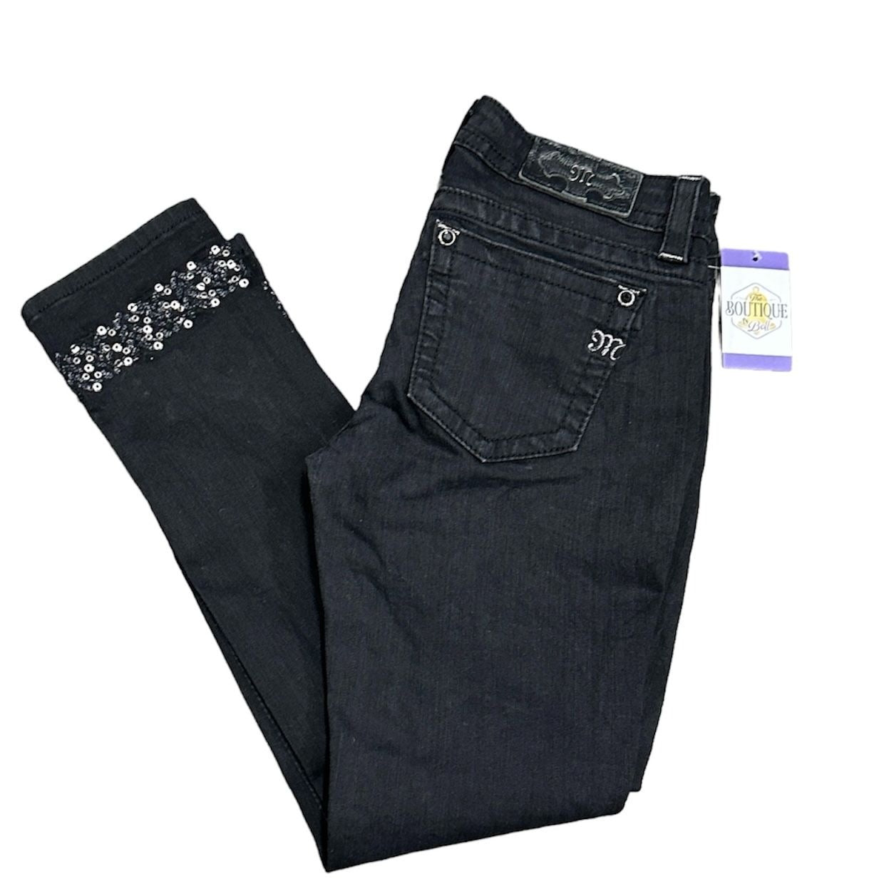 Miss Me 28 Black Signature Cuffed Skinny Jeans Embroidered Beaded Studs Bling