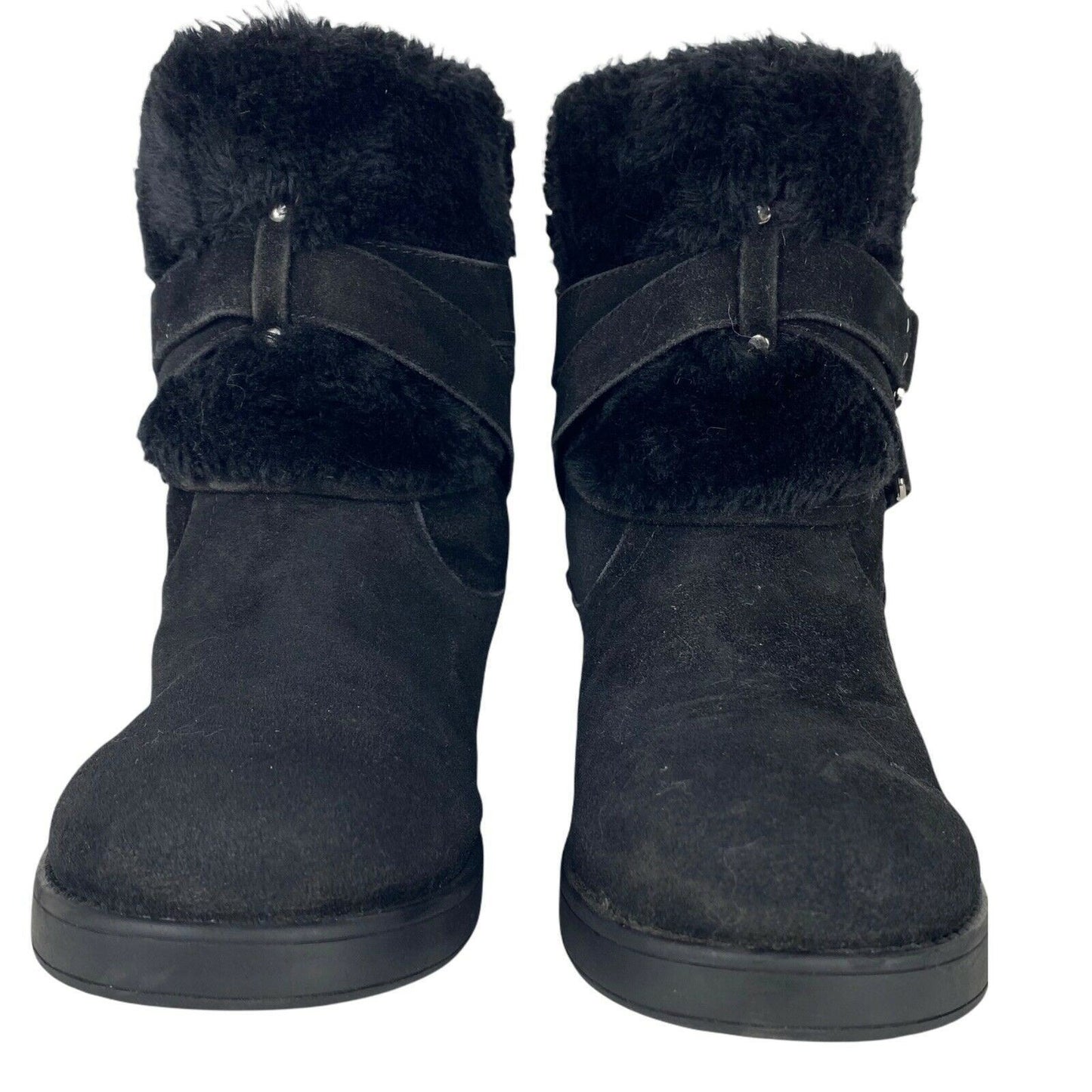 G By Guess 8 M Black Boots Slip-On Faux Fur Faux Suede Flat Buckle Strapes