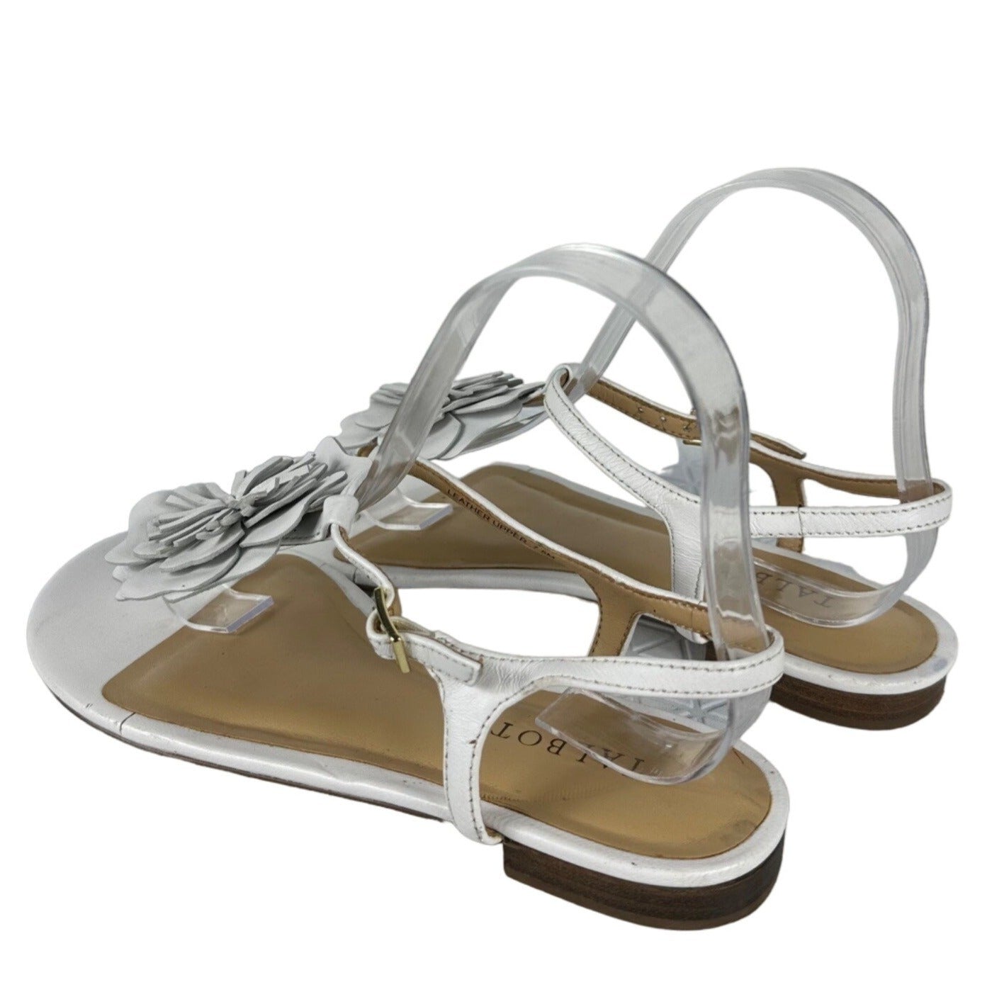 Talbots Womens 7.5M White Flat Strappy Sandal Flower Buckle Casual Church Wear