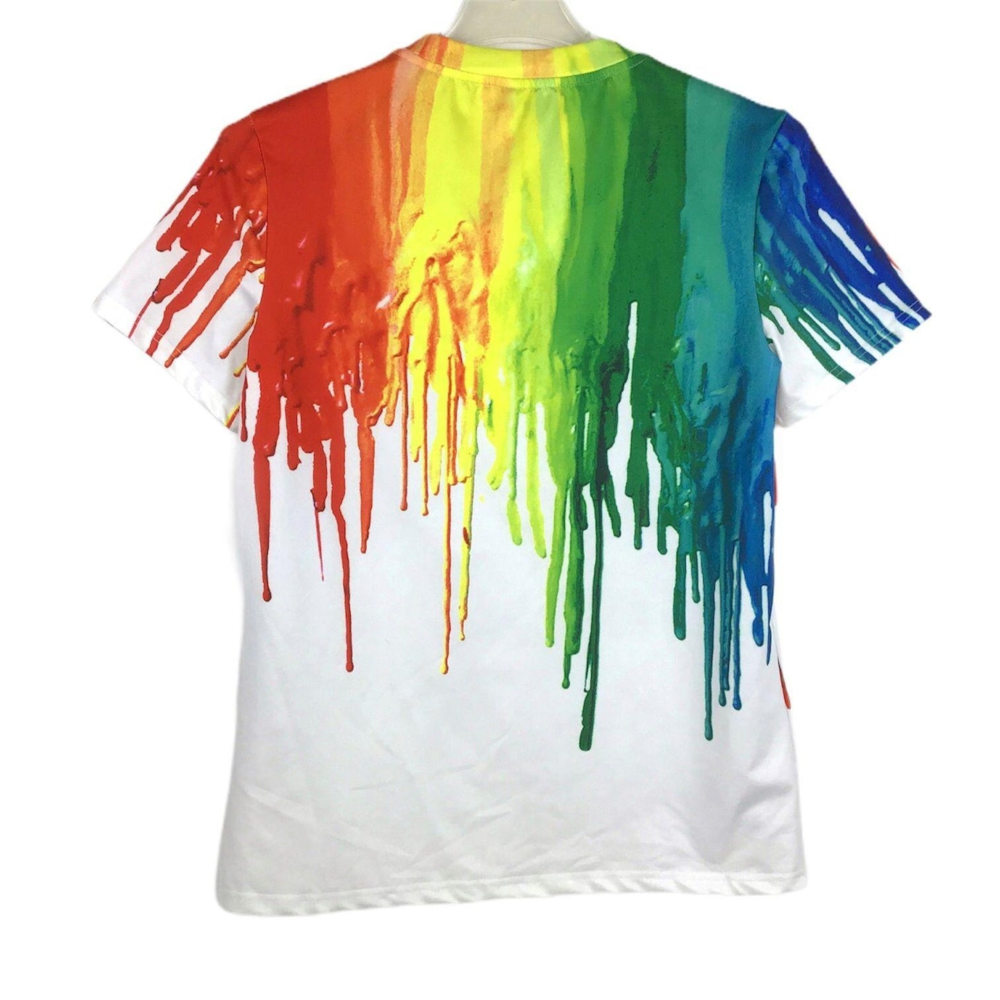 YISDA XL Short Sleeve TShirt White Rainbow Paint Color Drip Crew Neck Colorful