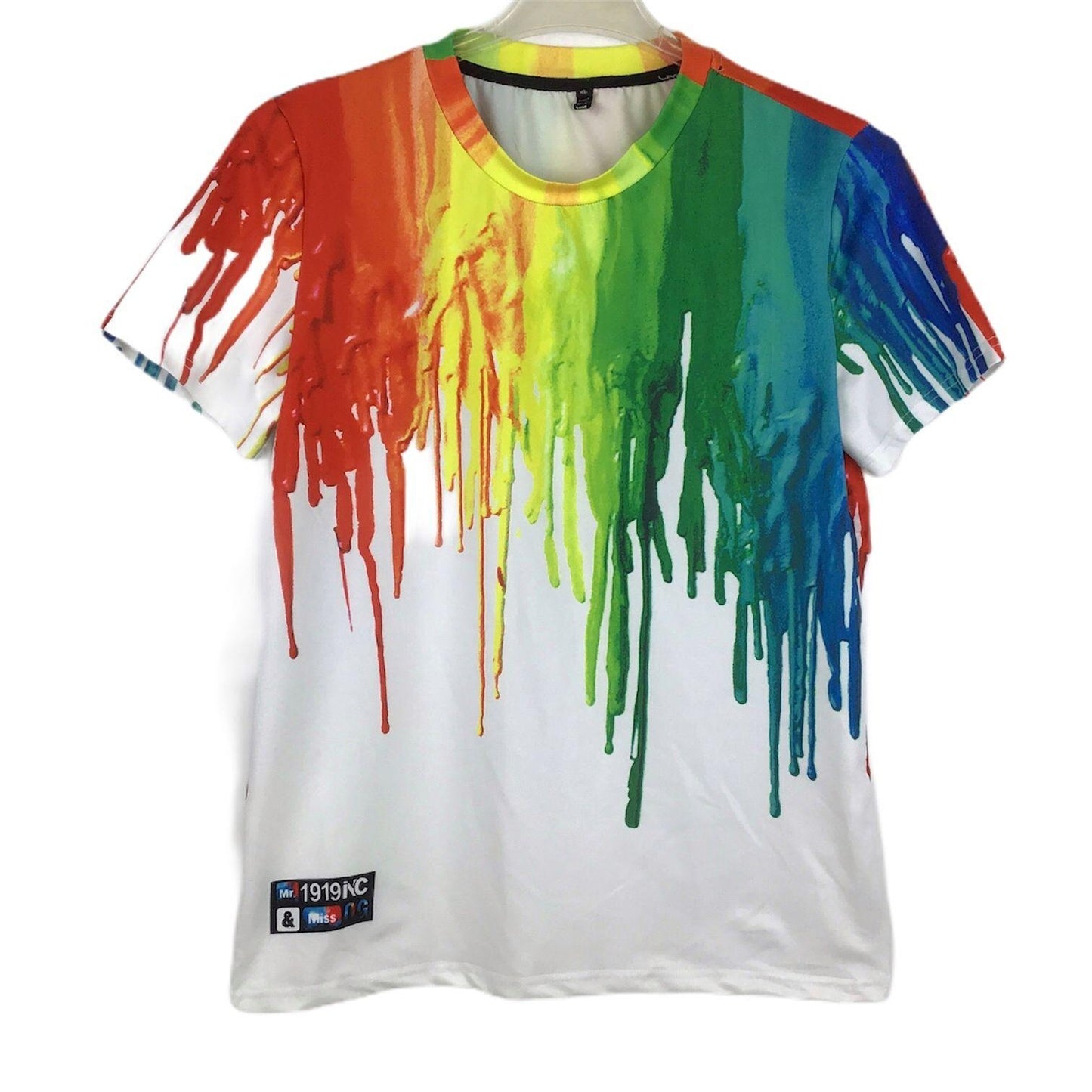 YISDA XL Short Sleeve TShirt White Rainbow Paint Color Drip Crew Neck Colorful