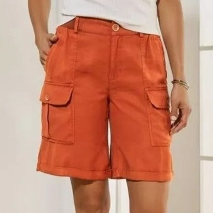 Soft Surroundings PM Pali Cargo Shorts Orange Cuffed Elastic Waist Wide Leg